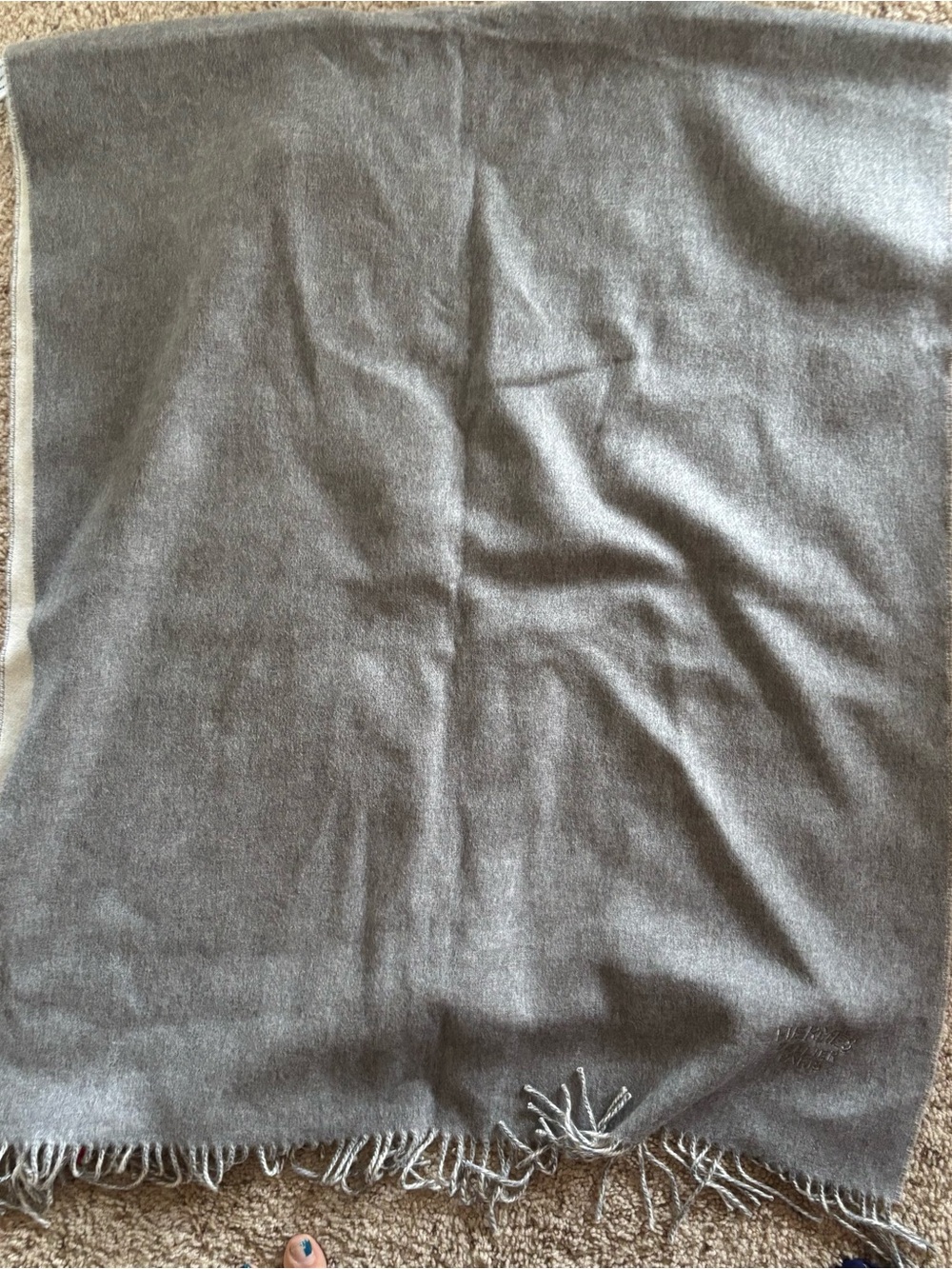 Hermes Gray and White Large Cashmere Fringe Scarf 100% Authentic